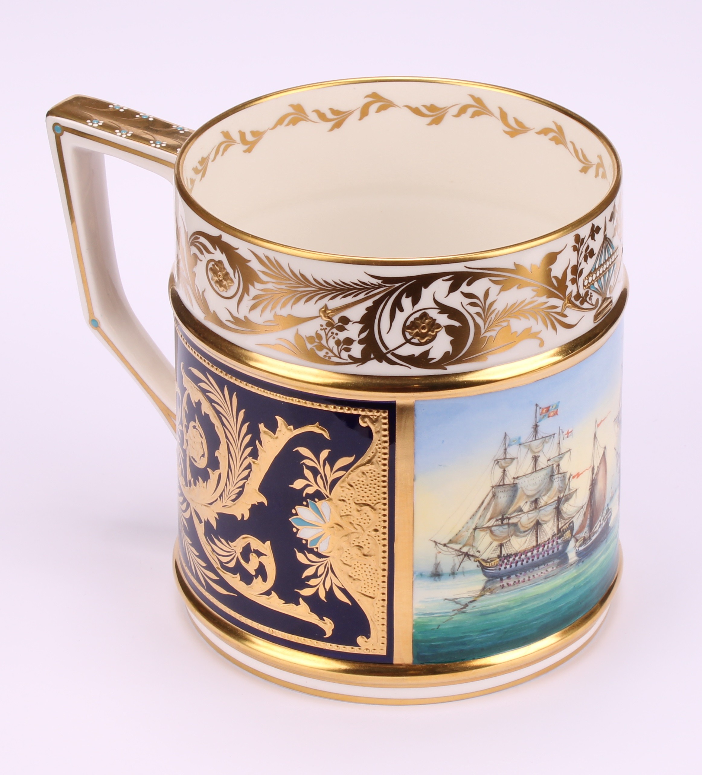 A Lynton porter mug, painted by Stefan Nowacki, signed, with sailing ships on a calm sea, the border - Image 3 of 6