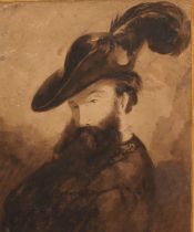 Continental School (19th century) Portrait of a Gentleman Wearing a Feathered Hat, sepia