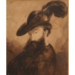 Continental School (19th century) Portrait of a Gentleman Wearing a Feathered Hat, sepia