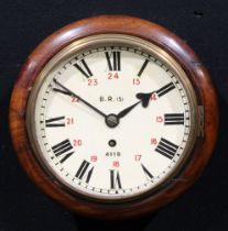 Railwayana - a mid-20th century mahogany railway timepiece, 19cm clock dial inscribed B.R.(S), 4118,