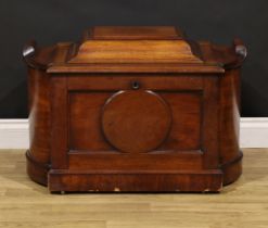 A Post-Regency mahogany cellarette, hinged cover enclosing a compartmented zinc-lined interior,