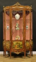 A large Louis XV Revival gilt metal mounted walnut and vernis Martin serpentine vitrine, three