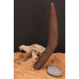 Australian Aboriginal Boomerang with geometric marks and depictions of Emu's, Leaves and
