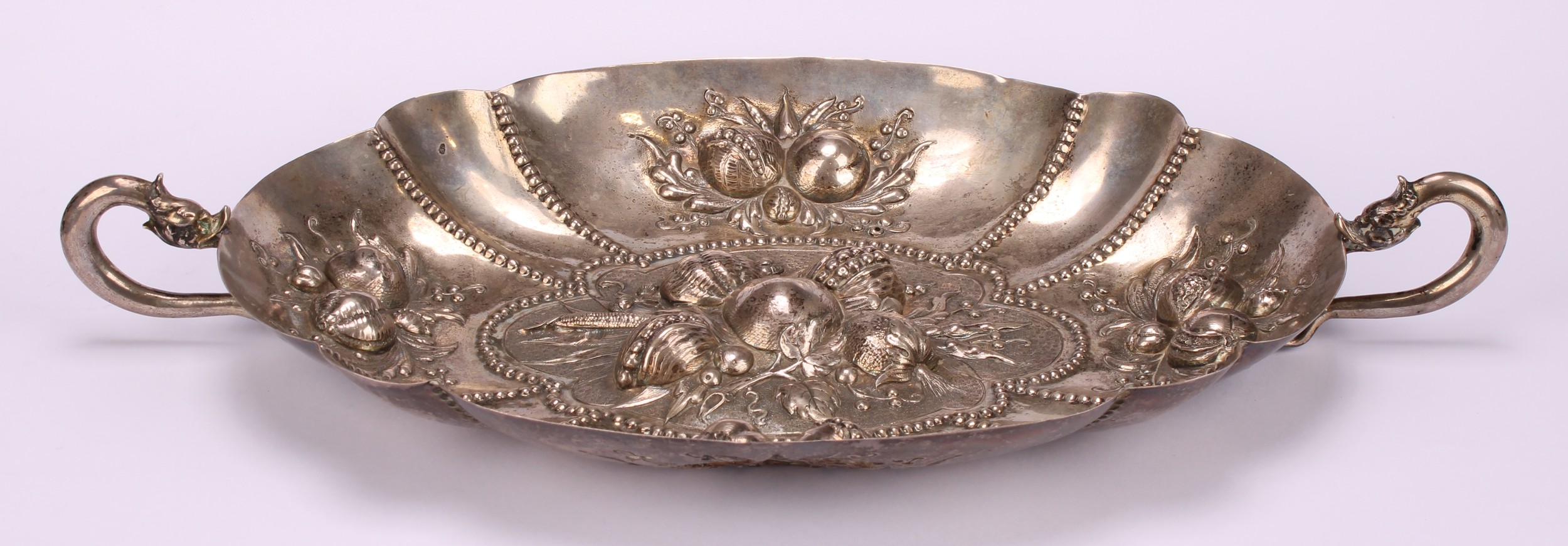 A German silver shaped oval fruit dish, chased in bold relief with leaves and ripe fruit, rustic - Image 2 of 3