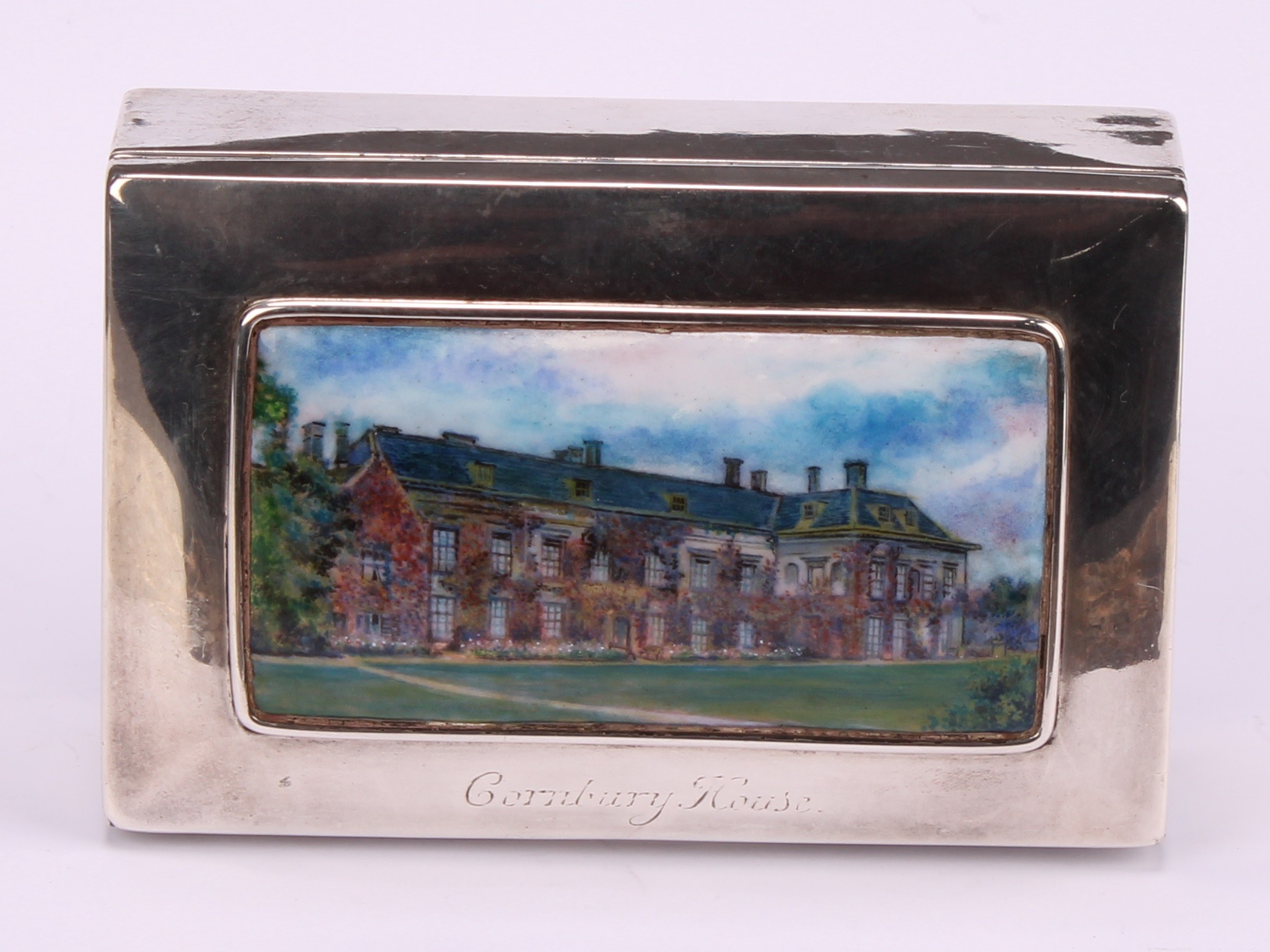 An Arts and Crafts silver and enamel rectangular box, hinged cover decorated with a named view of - Image 3 of 6