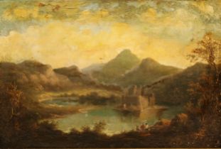 English School (late 18th/19th century) Castle in a Lake, oil on canvas, 44cm x 66cm, the mount