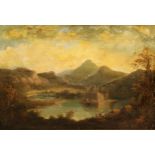 English School (late 18th/19th century) Castle in a Lake, oil on canvas, 44cm x 66cm, the mount