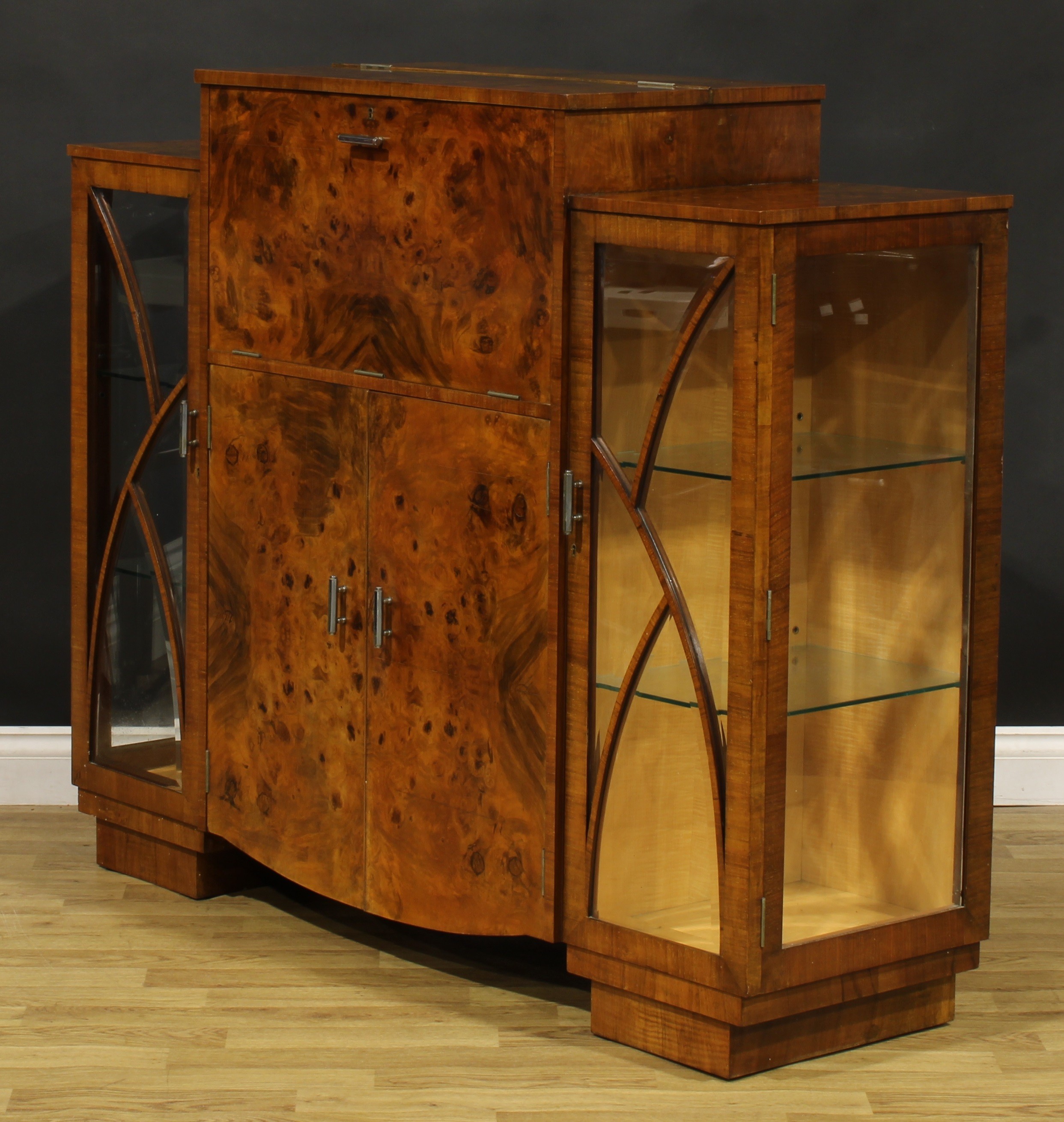 An Art Deco burr walnut cocktail cabinet, hinged top and fall front enclosing a fitted interior, - Image 5 of 6