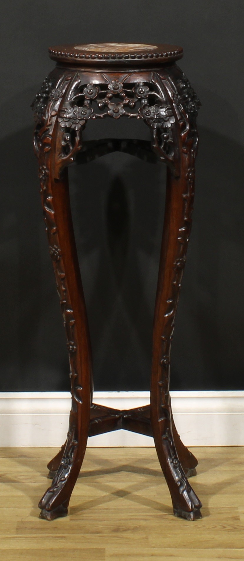 A Chinese hardwood jardiniere stand, circular top with beaded border and inset marble panel, - Image 2 of 4