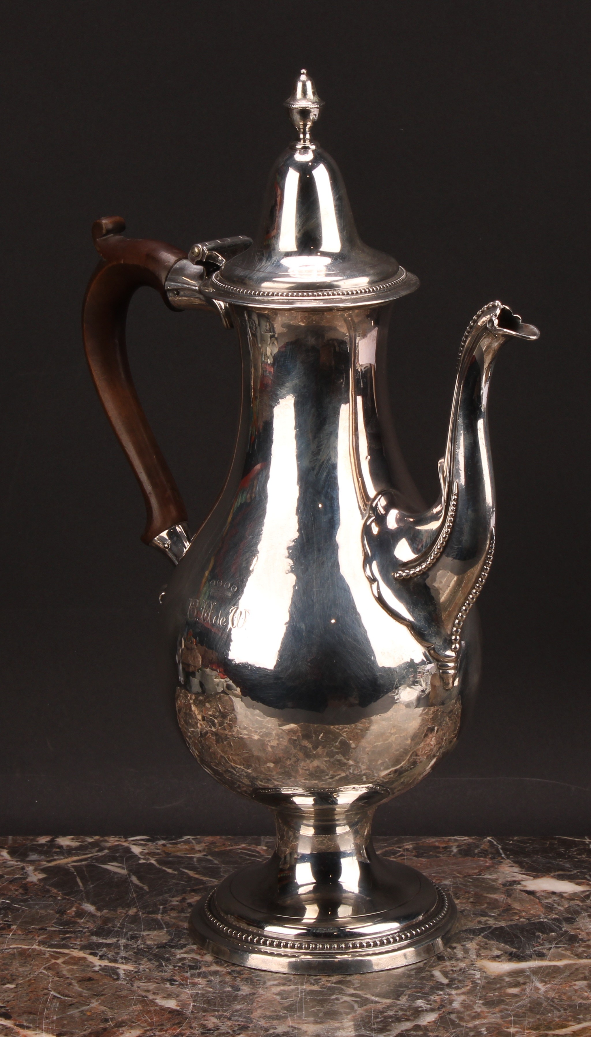 A George III provincial silver baluster coffee pot, hinged lofty domed cover with acorn finial, - Image 3 of 6