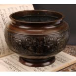 A Chinese patinated bronze ovoid pedestal jardiniere, relief decorated in the Archaic taste, 21cm