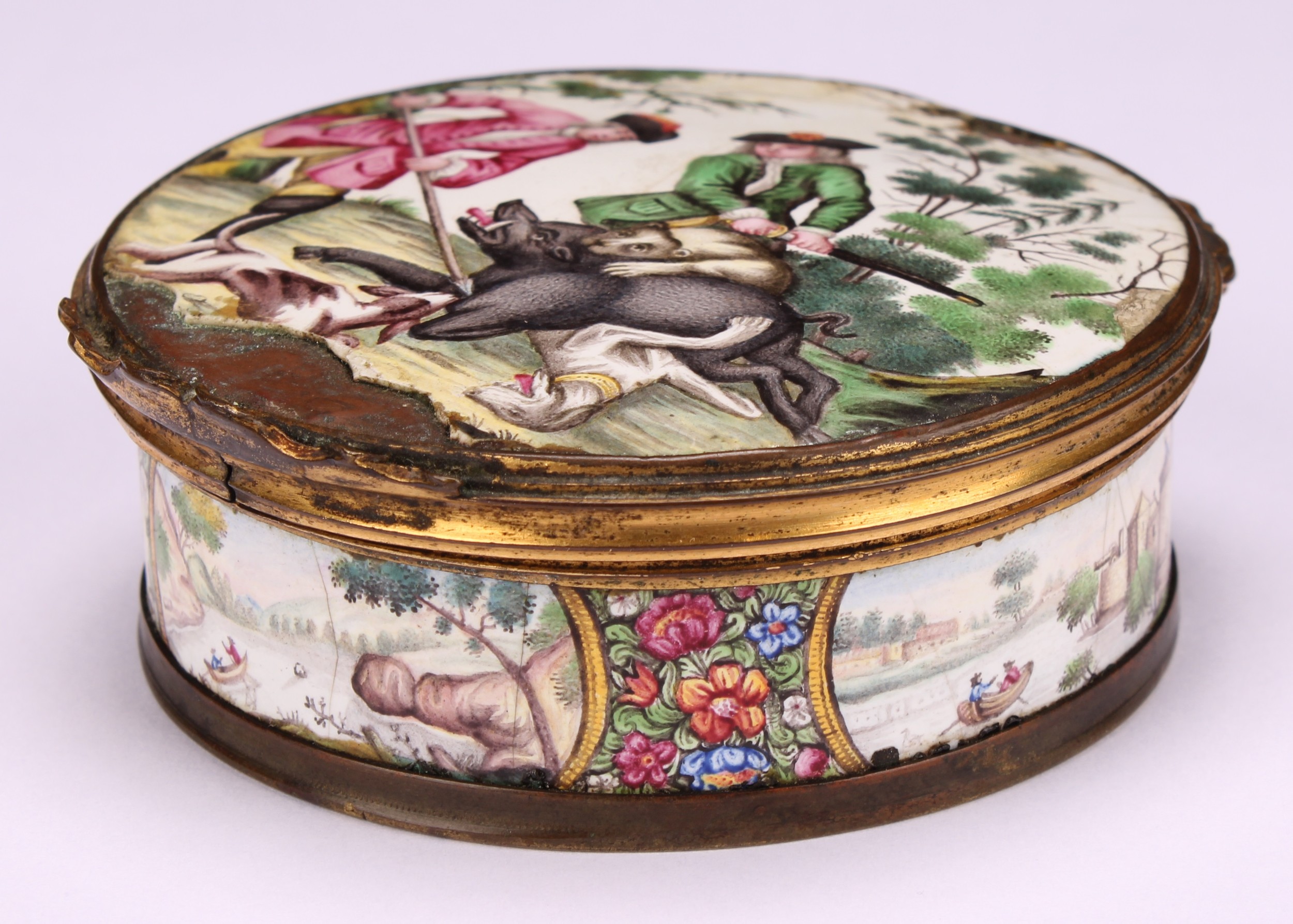 An 18th century enamel circular table snuff box, the stand-away hinged cover painted in polychrome - Image 5 of 5