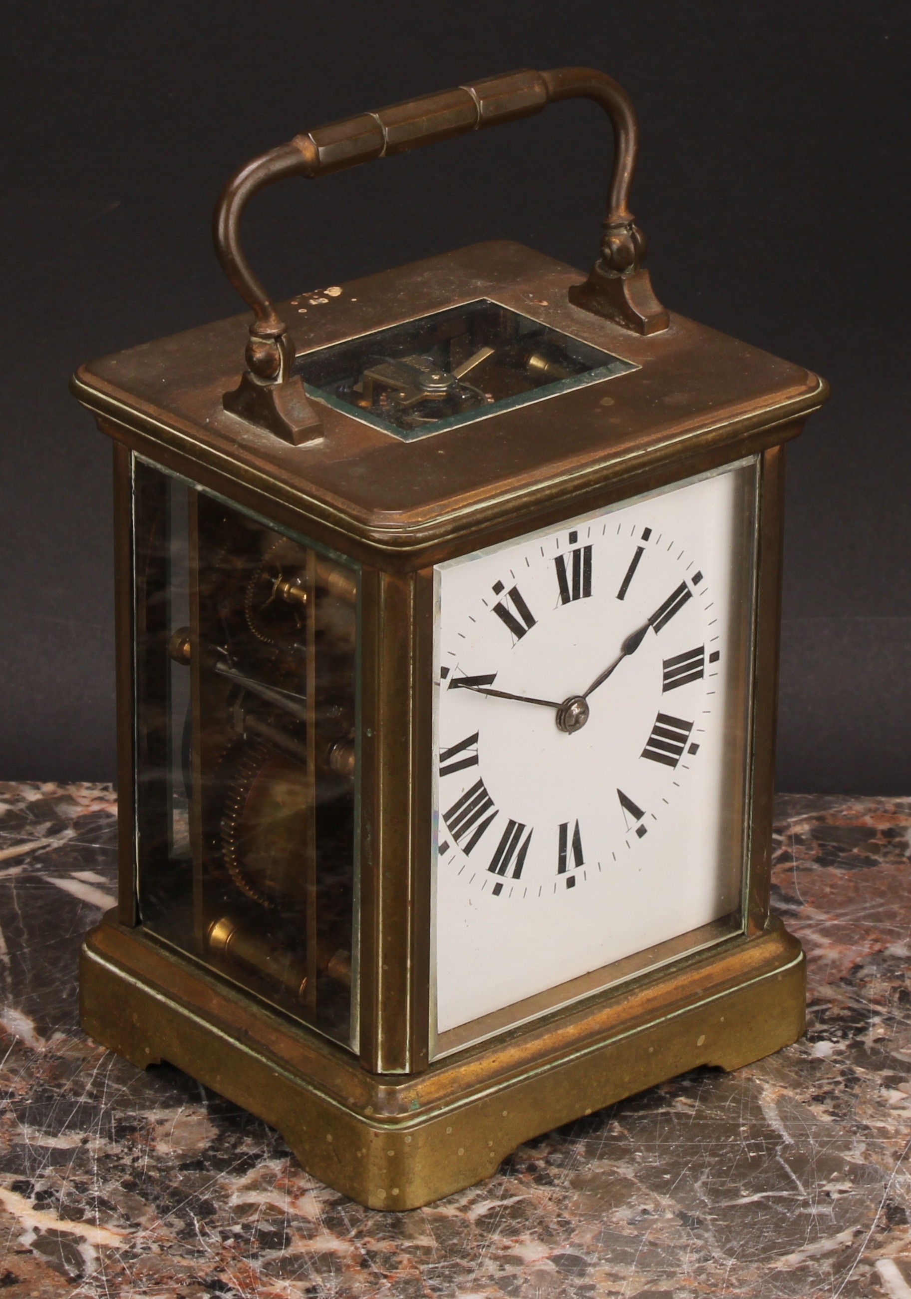 An early 20th century lacquered brass carriage clock, 6.5cm rectangular dial inscribed with Roman - Image 2 of 7