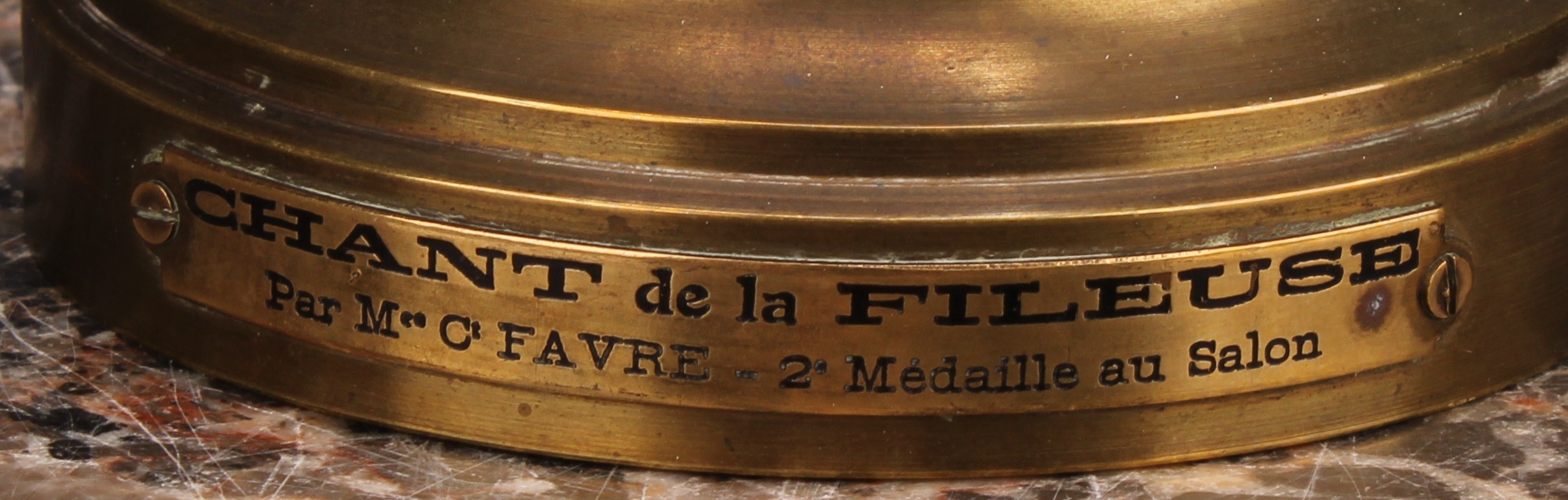 After Maurice Constant Favre (French, 1875-1919), a gilt bronze, Chant de la Fileuse, depicting a - Bild 6 aus 6