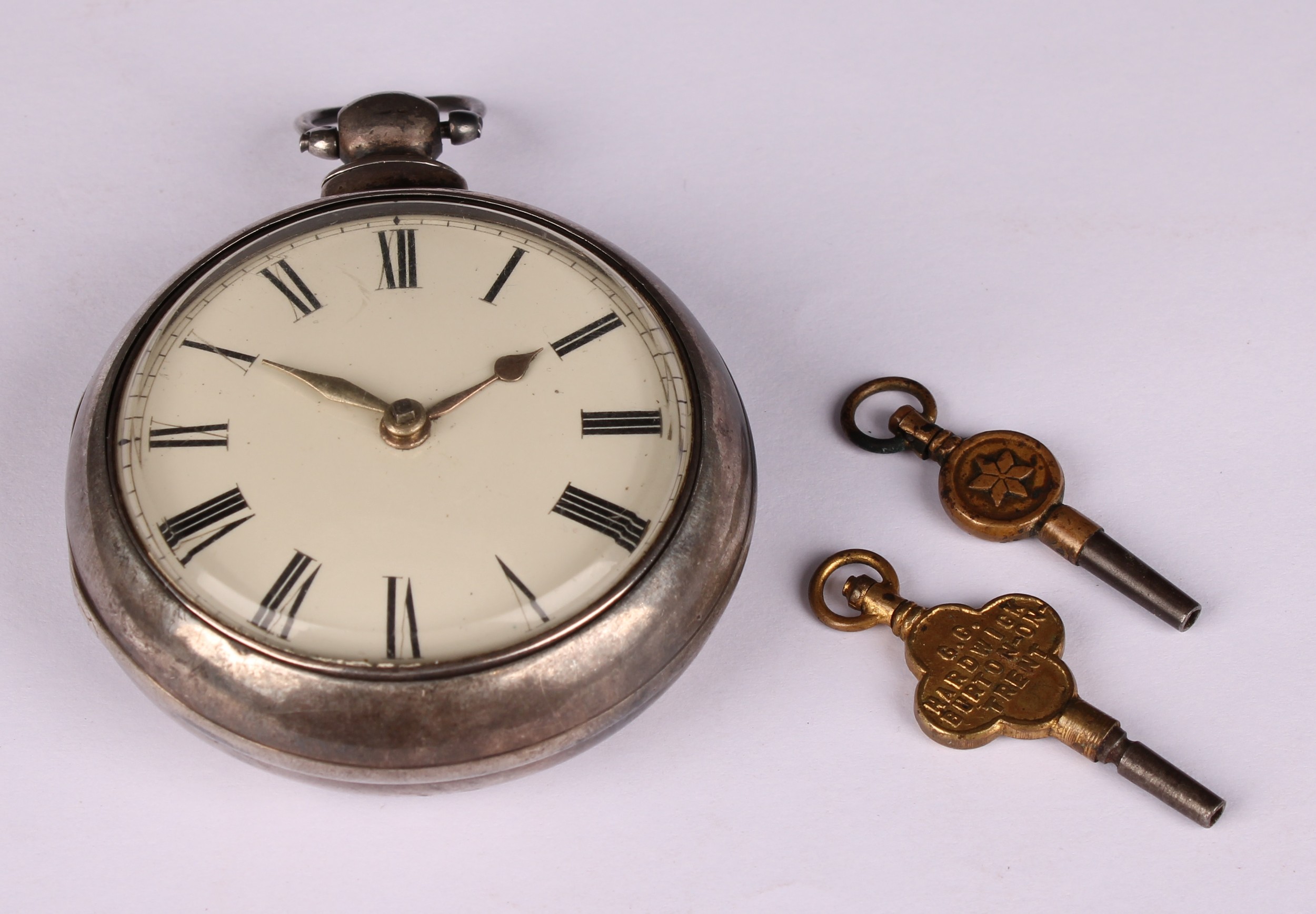 An early Victorian silver pair case pocket watch, by Deacon, Barton, 4.5cm white dial inscribed with - Image 2 of 7
