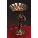 A Japanese silver fluted trumpet shaped posy vase, applied with a flower, 11.5cm high, character