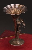A Japanese silver fluted trumpet shaped posy vase, applied with a flower, 11.5cm high, character