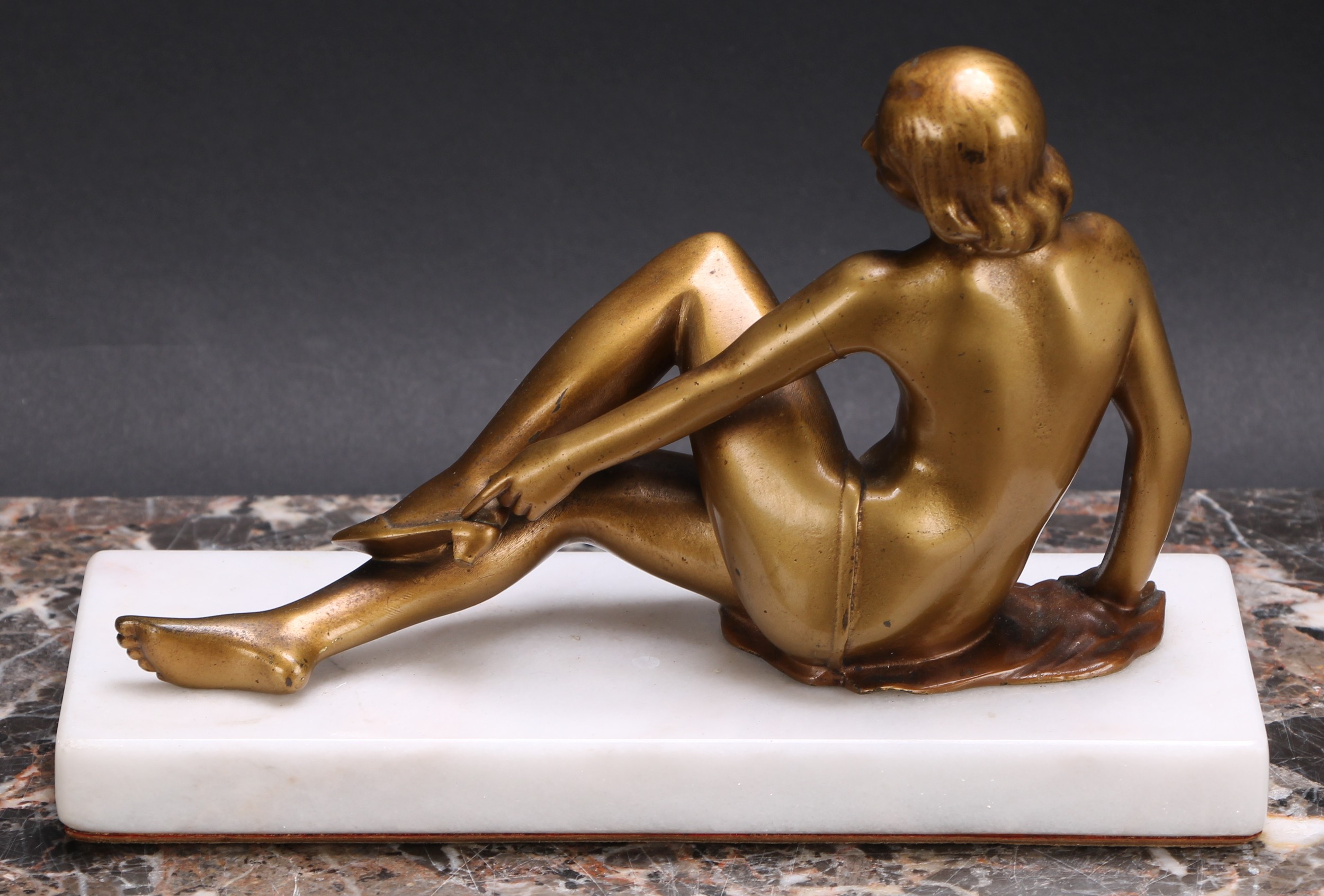 French School (second quarter 20th century), an Art Deco gilt patinated bronze, of a female nude, - Image 4 of 4