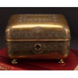 A Russian Imperial design brass table box, hinged cover, engraved throughout with stiff leaves,