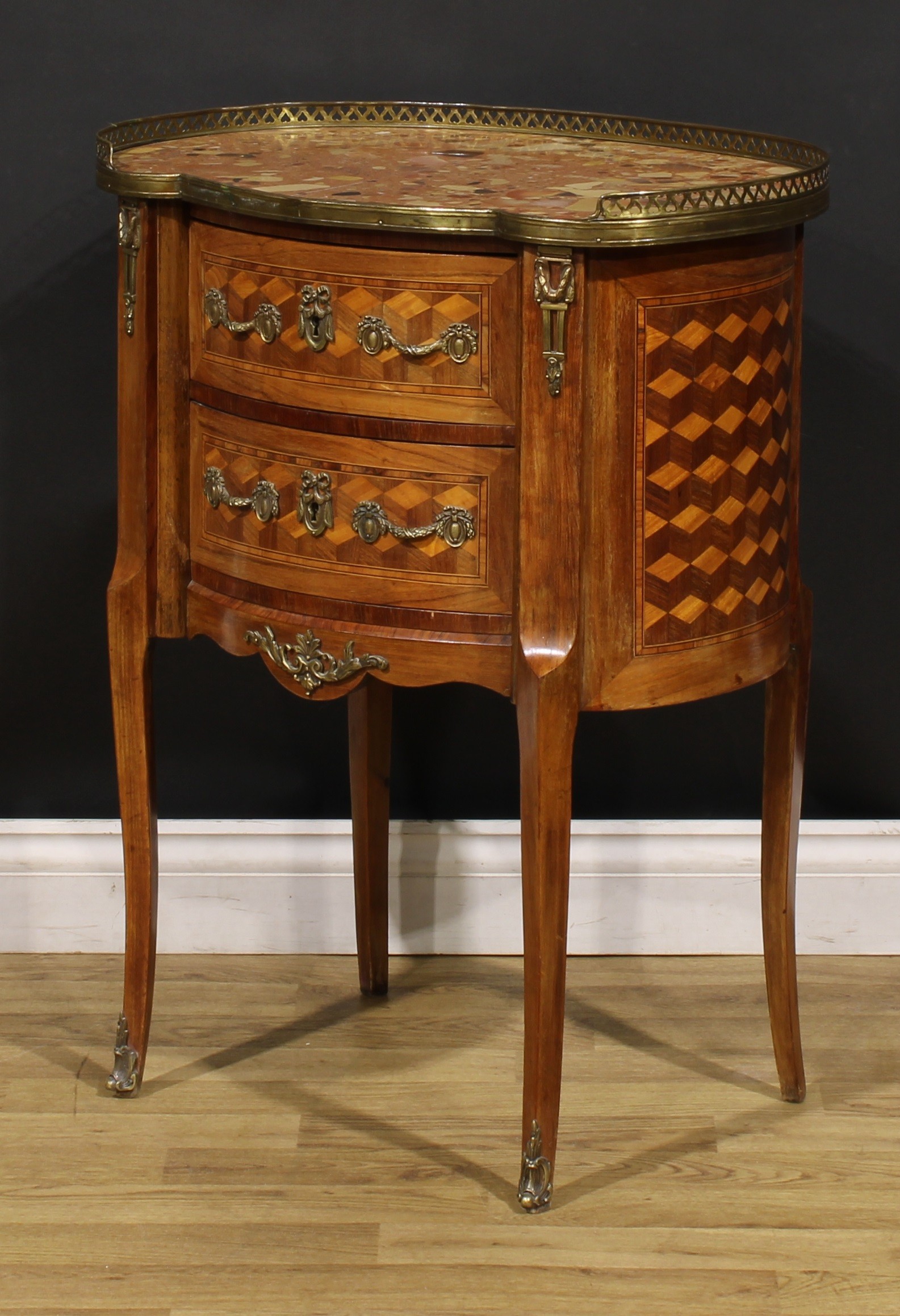 A Louis XV Revival gilt metal mounted tumbling blocks parquetry table de chevet or commode, marble - Image 4 of 5