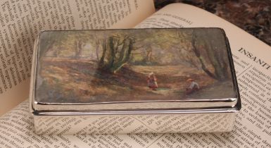 A large Victorian silver rounded rectangular table snuff box, the hinged cover set with a polychrome