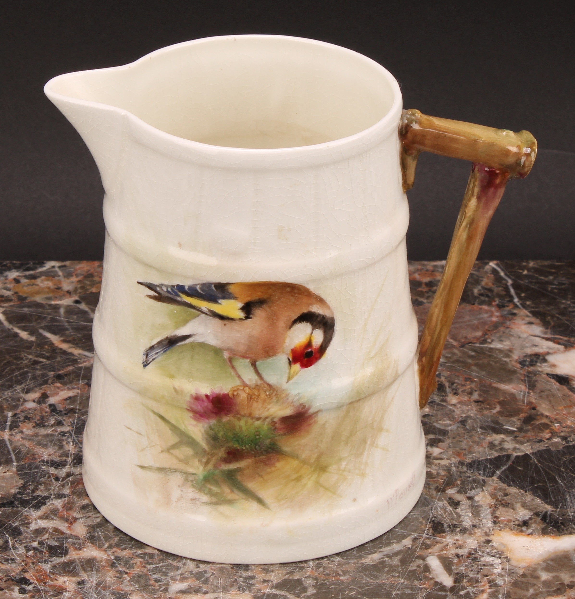 A Royal Worcester barrel shaped jug, painted by W. Powell, signed, with a Goldfinch, 11cm high, - Image 3 of 17