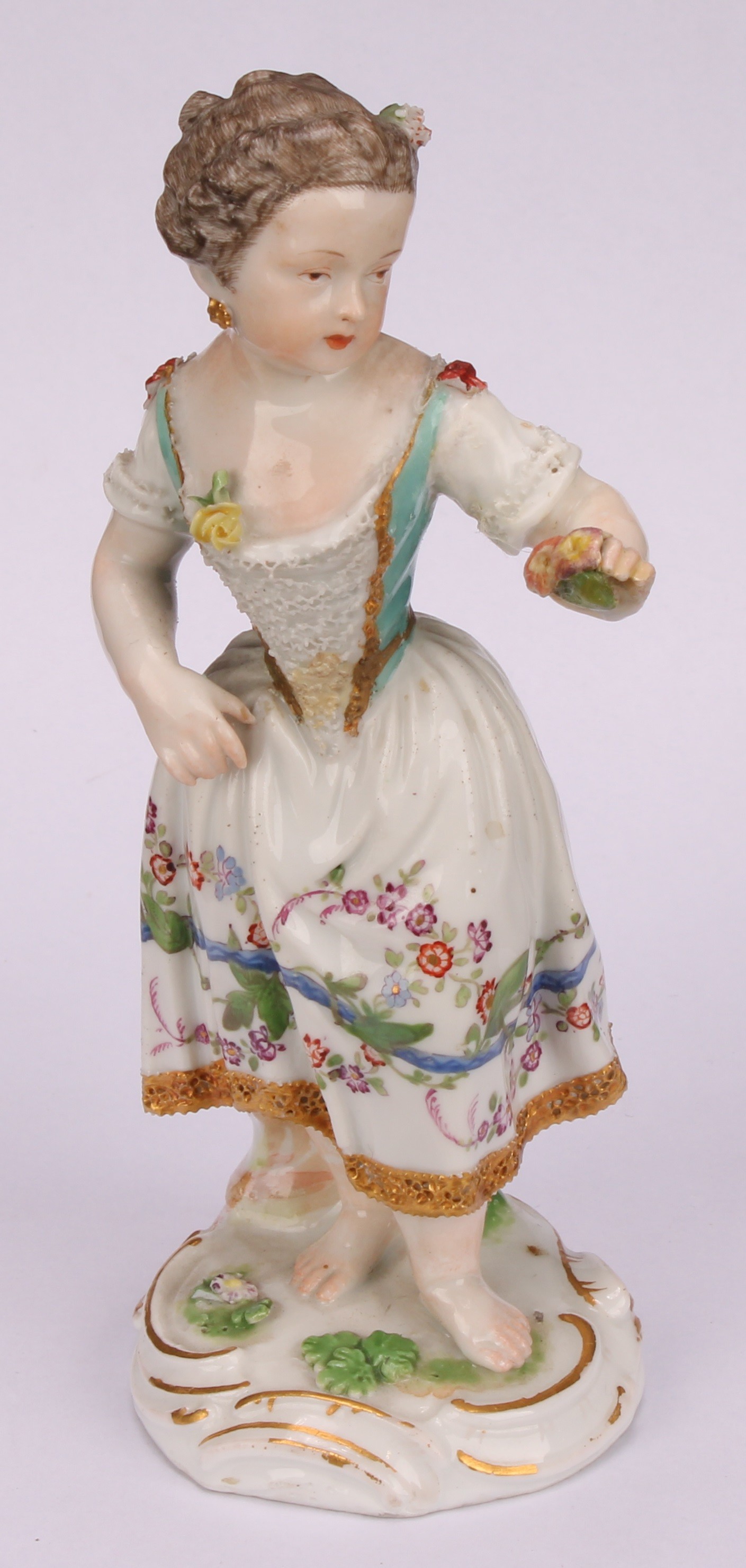 A Meissen porcelain figure, of a girl wearing a floral dress, with posies in hand, scroll base, - Image 2 of 5