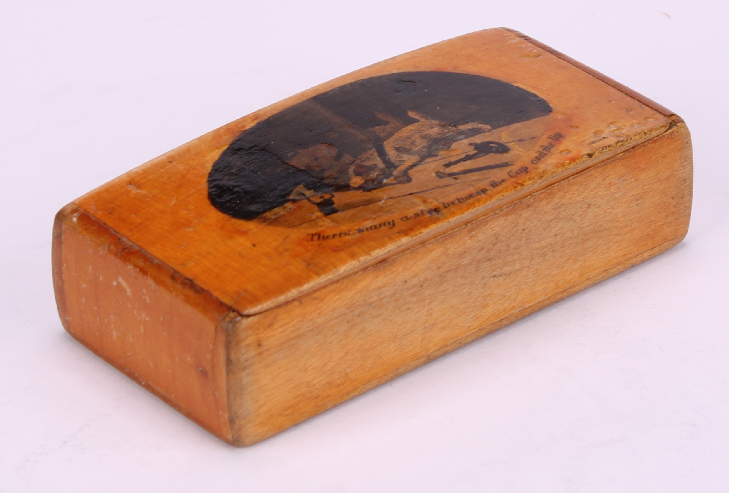 A large 19th century rounded rectangular treen snuff box, probably Scottish, integral hinge, the - Bild 8 aus 10