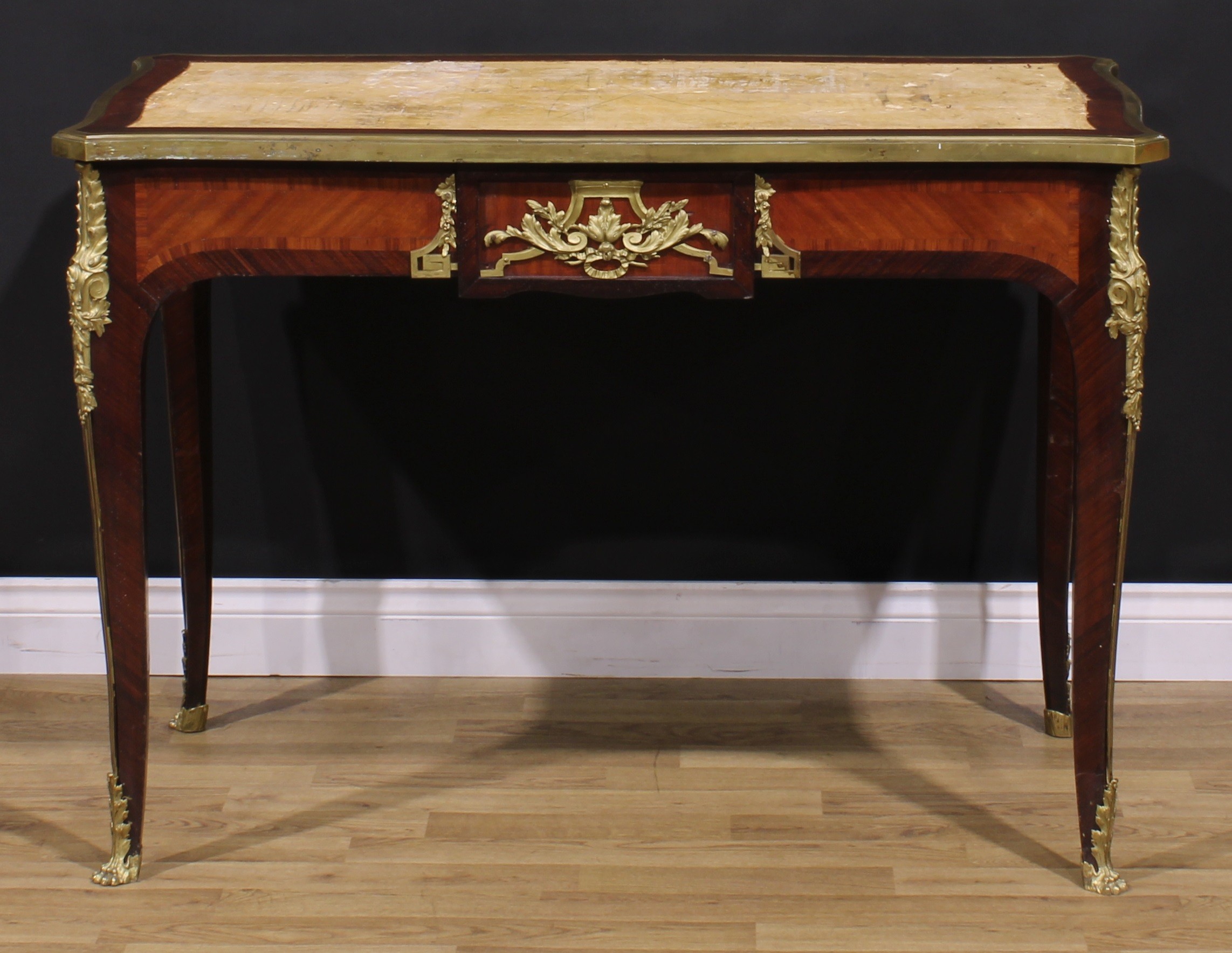 A French Louis XV Revival gilt metal mounted rosewood and kingwood bureau plat, slightly oversailing - Image 6 of 6