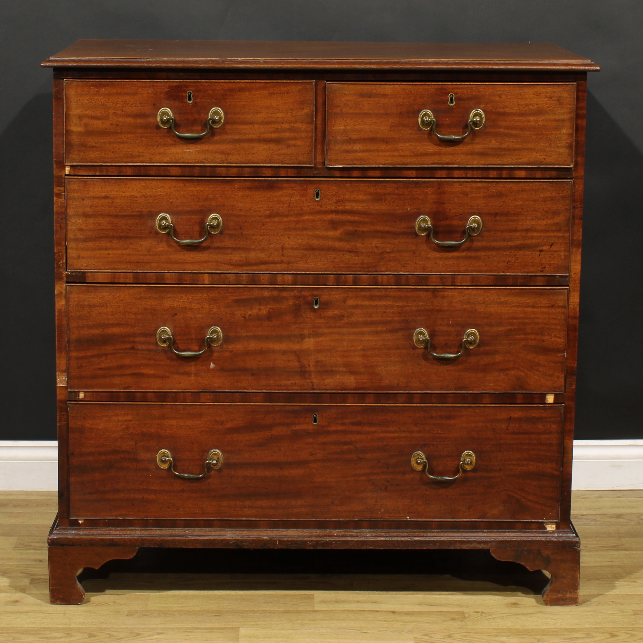 A George III mahogany chest, rectangular top with moulded edge above two short and three long - Image 2 of 6