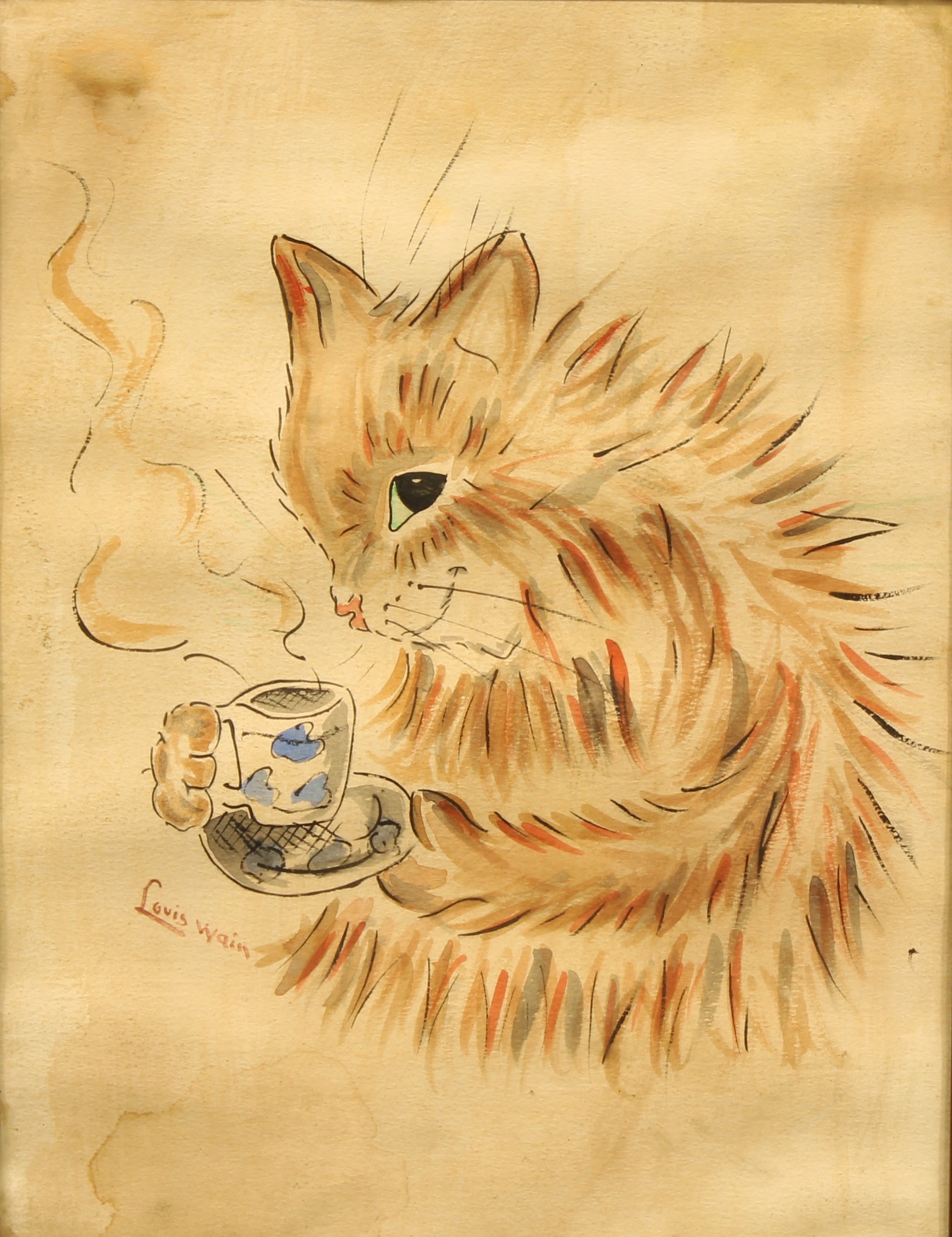 After Louis Wain Cat with a Cup of Tea bears signature, watercolour, 47cm x 36cm