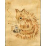 After Louis Wain Cat with a Cup of Tea bears signature, watercolour, 47cm x 36cm