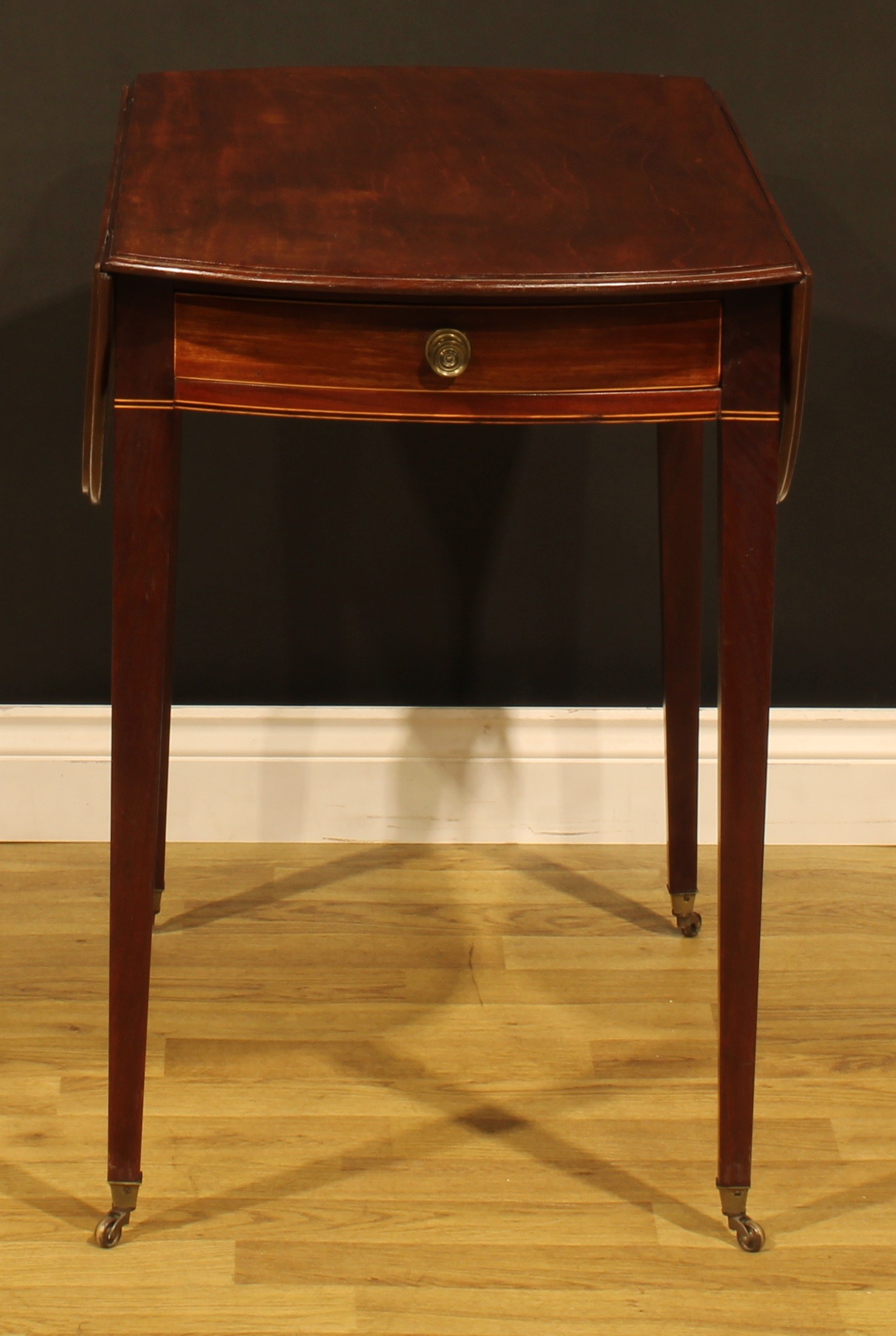 A ‘George III’ mahogany Pembroke table, oval top with fall leaves above a single frieze drawer, - Image 2 of 7