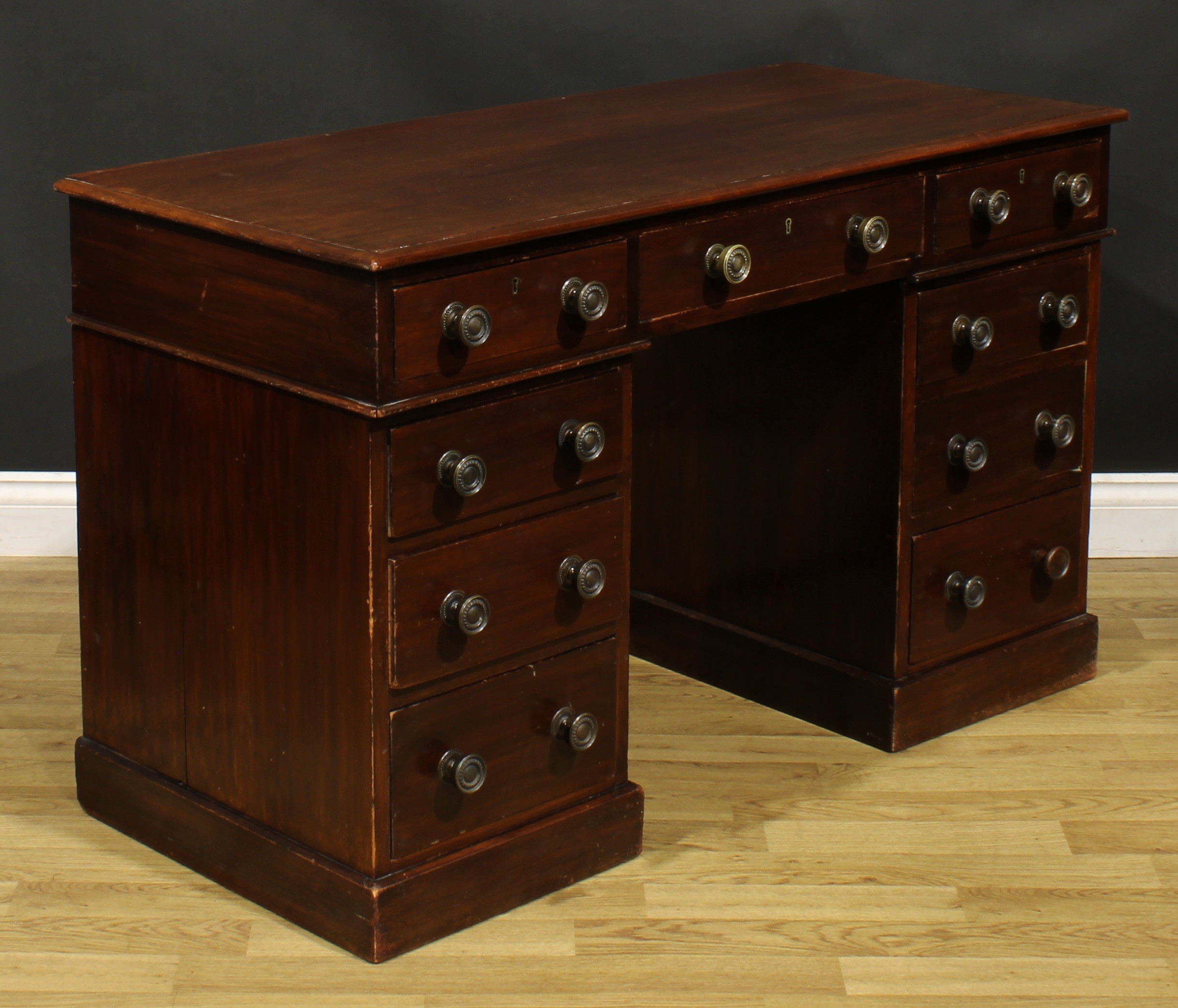 A late Victorian mahogany twin pedestal desk, by Heal & Son, London, rectangular top above an - Image 3 of 7