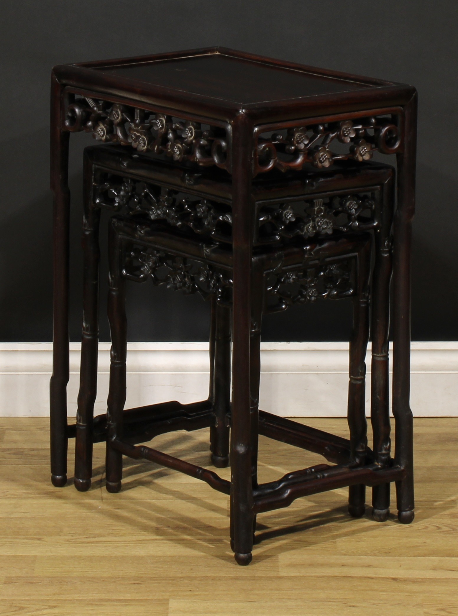 A Chinese hardwood harlequin nest of three occasional tables, each with a rectangular panel top, - Image 5 of 5