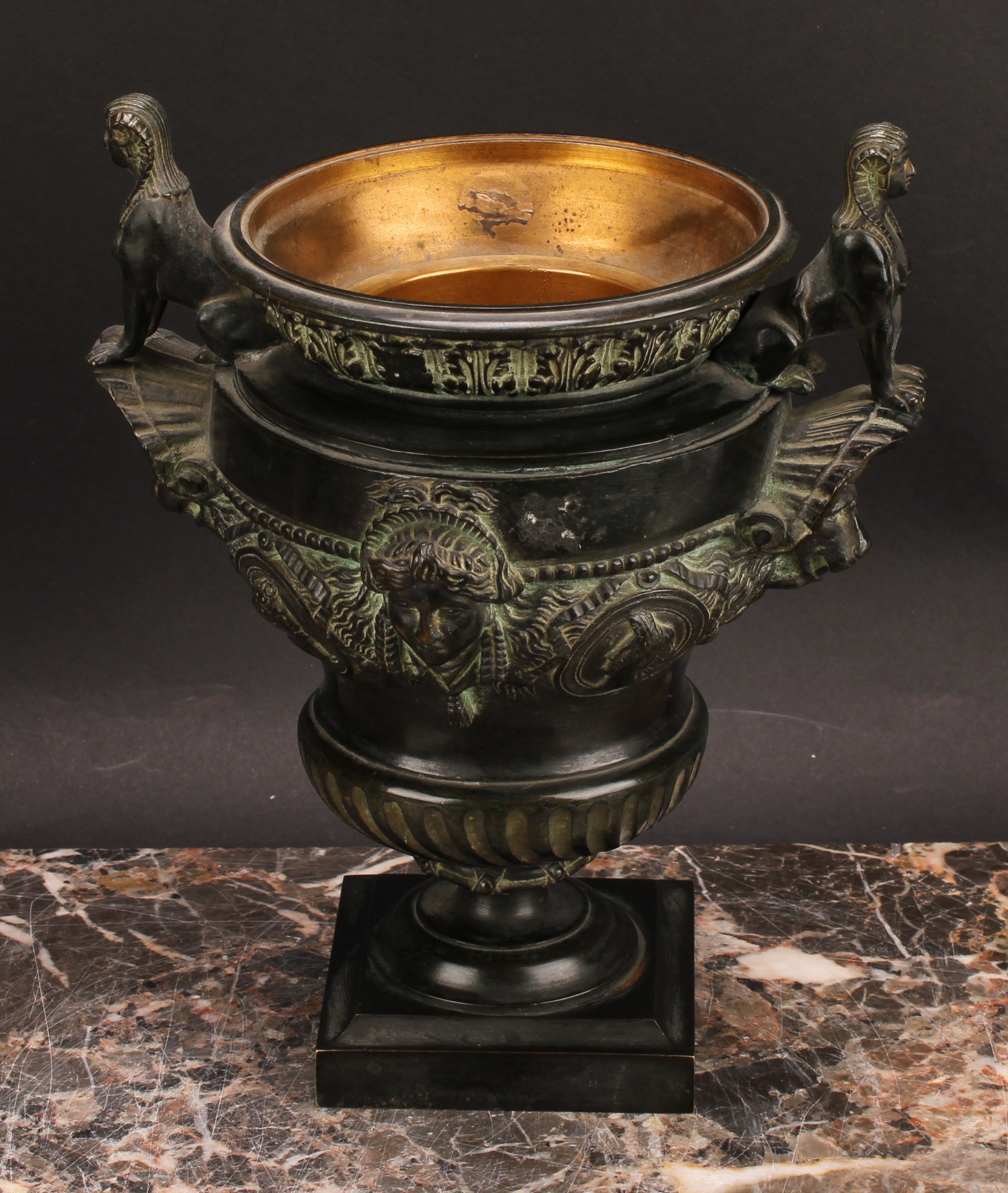 A pair of late 19th century dark patinated bronze urns, cast in the Classical and Egyptian Revival - Image 5 of 6