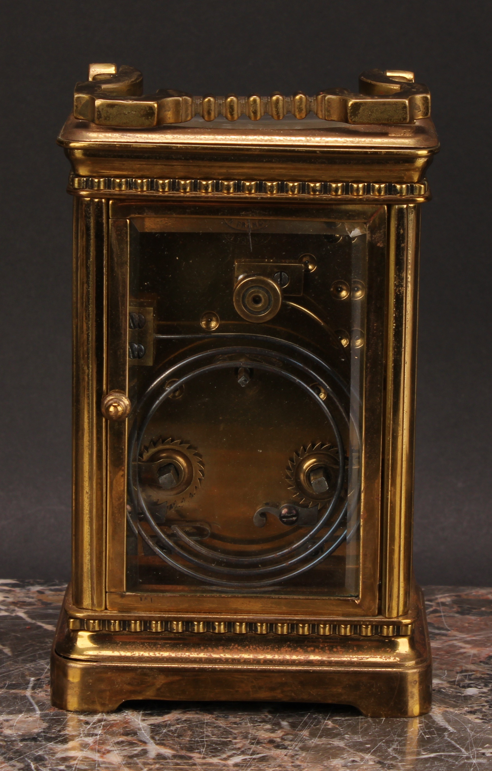 An early 20th century lacquered brass carriage clock, 6cm rectangular enamel dial inscribed with - Image 5 of 7