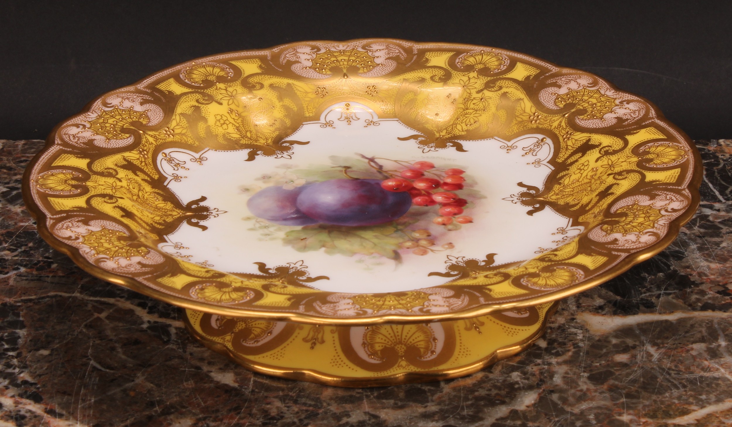 A Royal Worcester shaped pedestal low comport, painted by Richard Sebright, signed, with ripening - Image 2 of 6