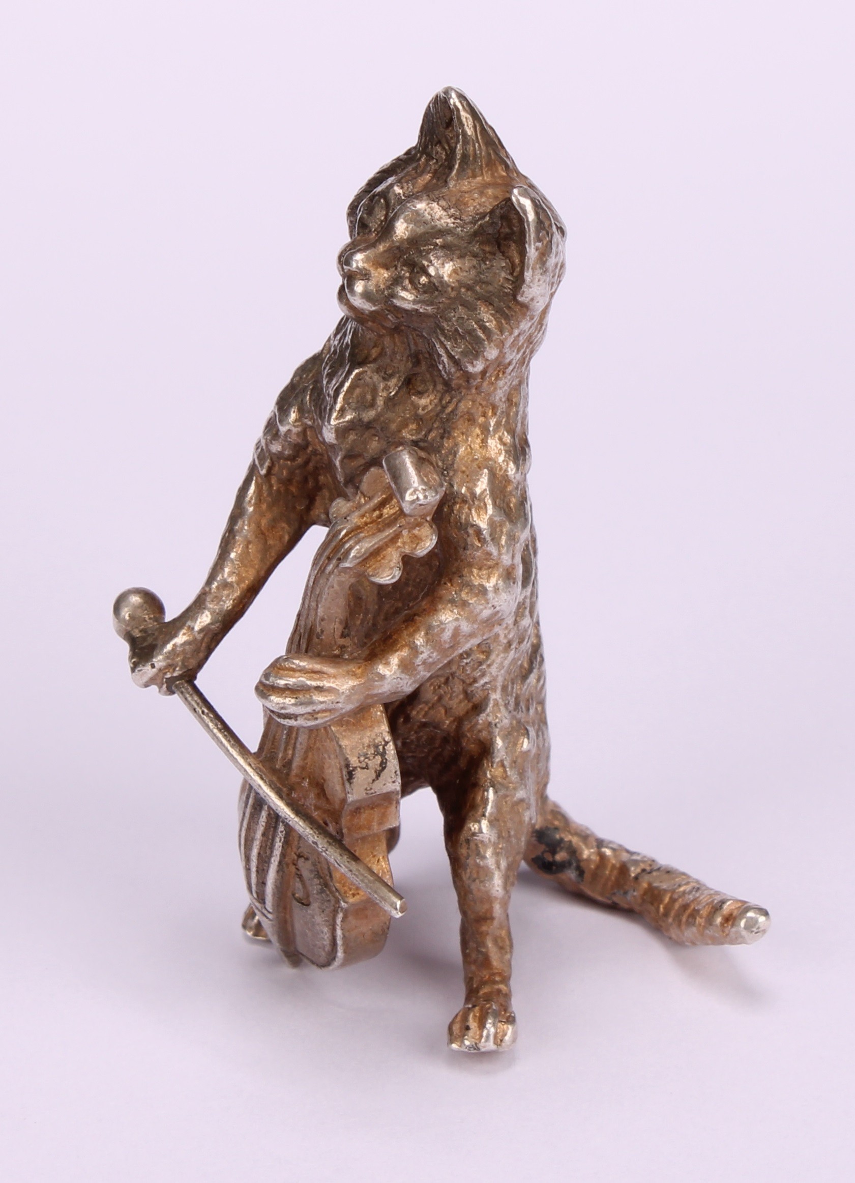 An Elizabeth II silver novelty miniature model, cast as a cat playing a cello, 6cm high - Image 3 of 5