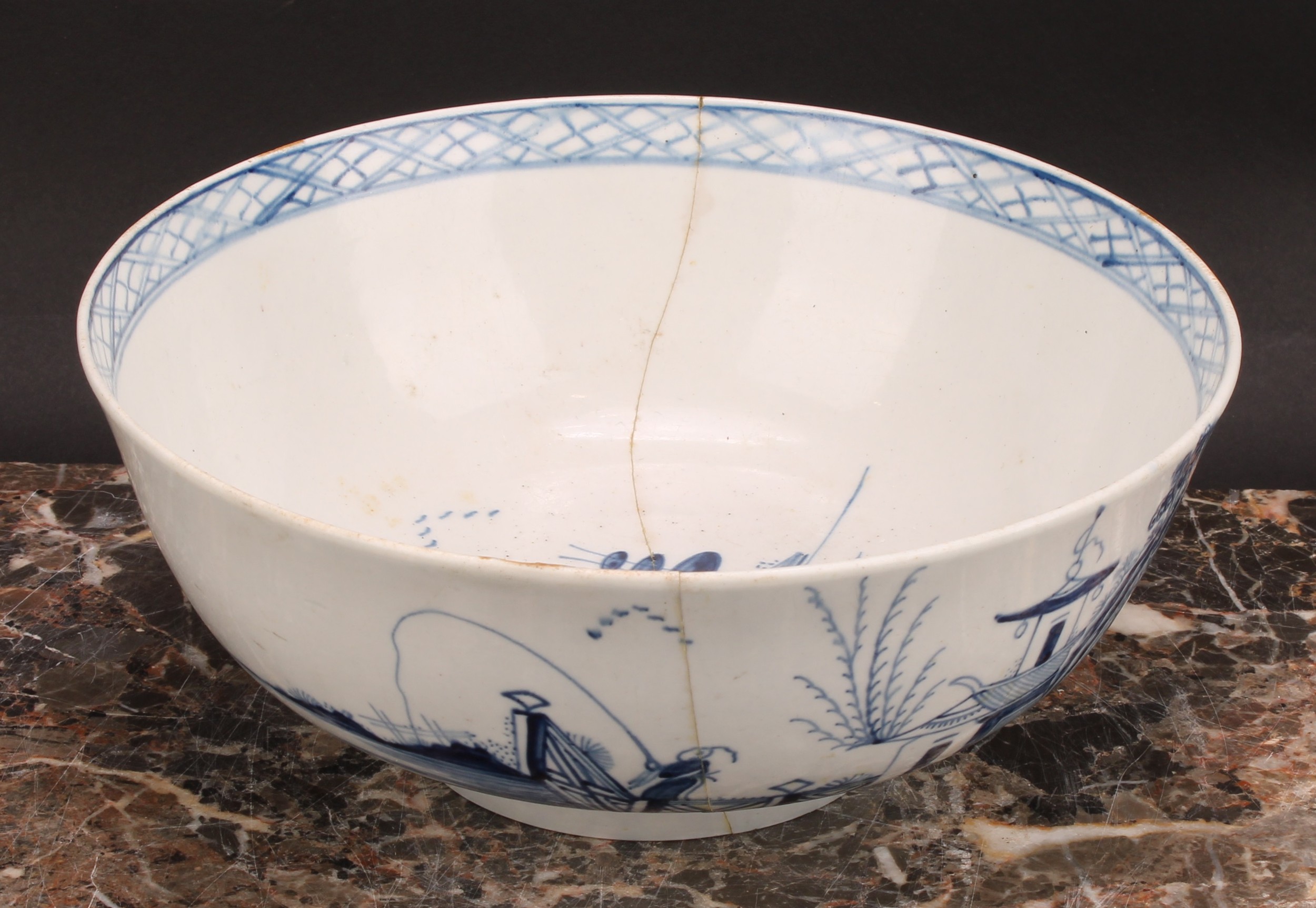 A Chaffers Liverpool punch bowl, painted in Chinoiserie style in underglaze blue, with a - Image 4 of 11