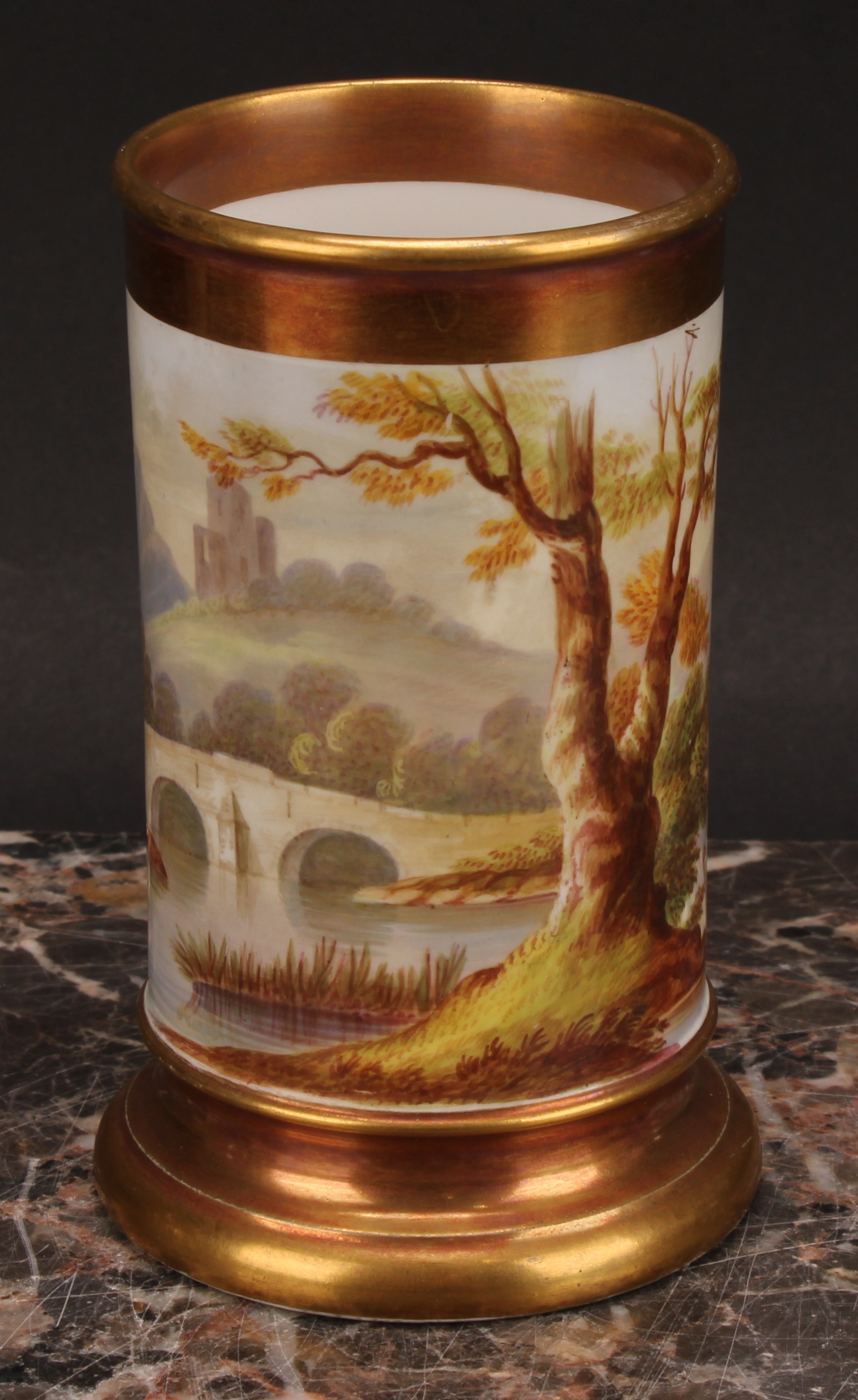 A pair of English porcelain cylindrical spill vases, each painted with a continuous lakeside - Image 11 of 12
