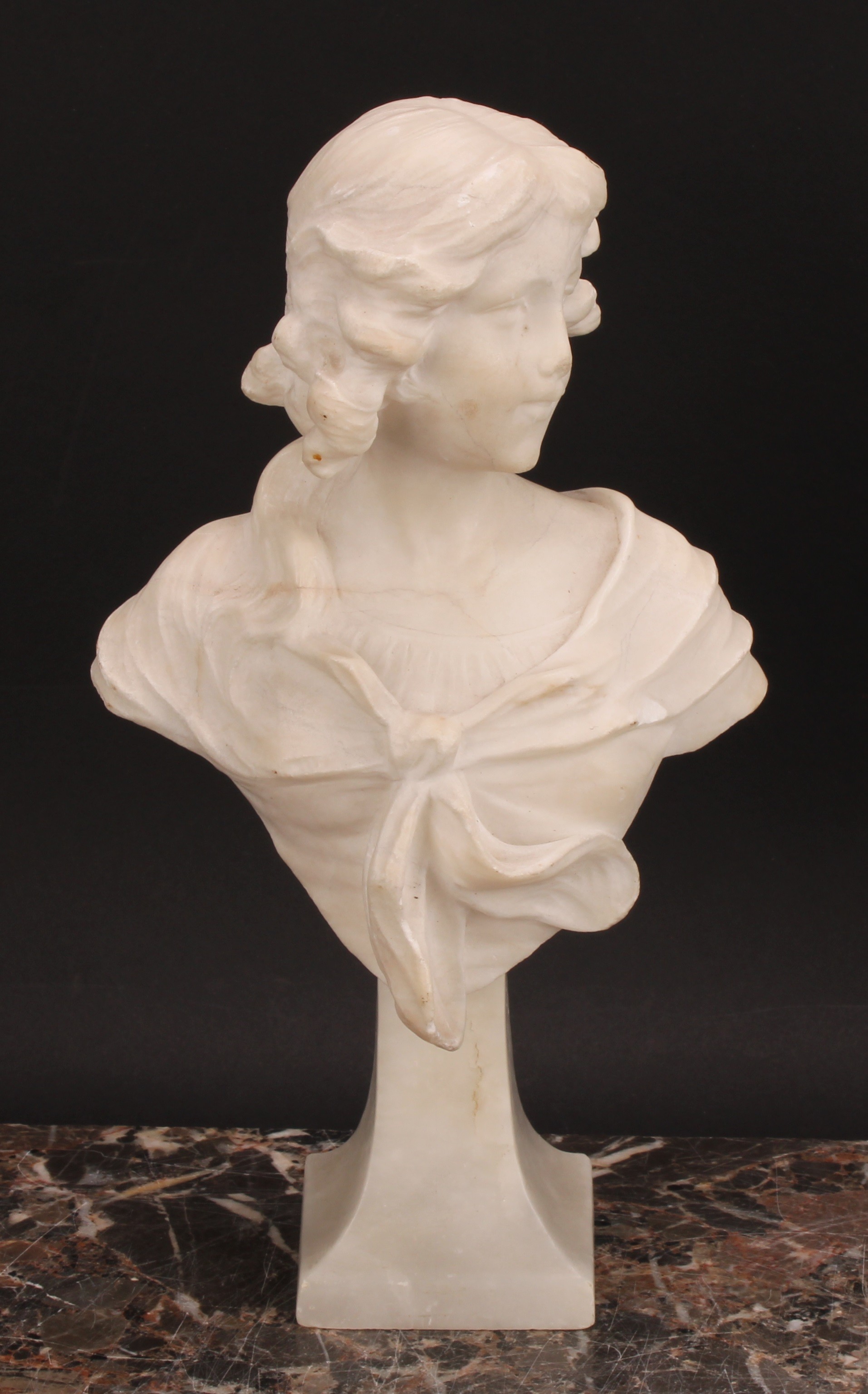 Continental School, early 20th century, an Art Nouveau marble bust, of a maiden, spreading square - Image 2 of 4