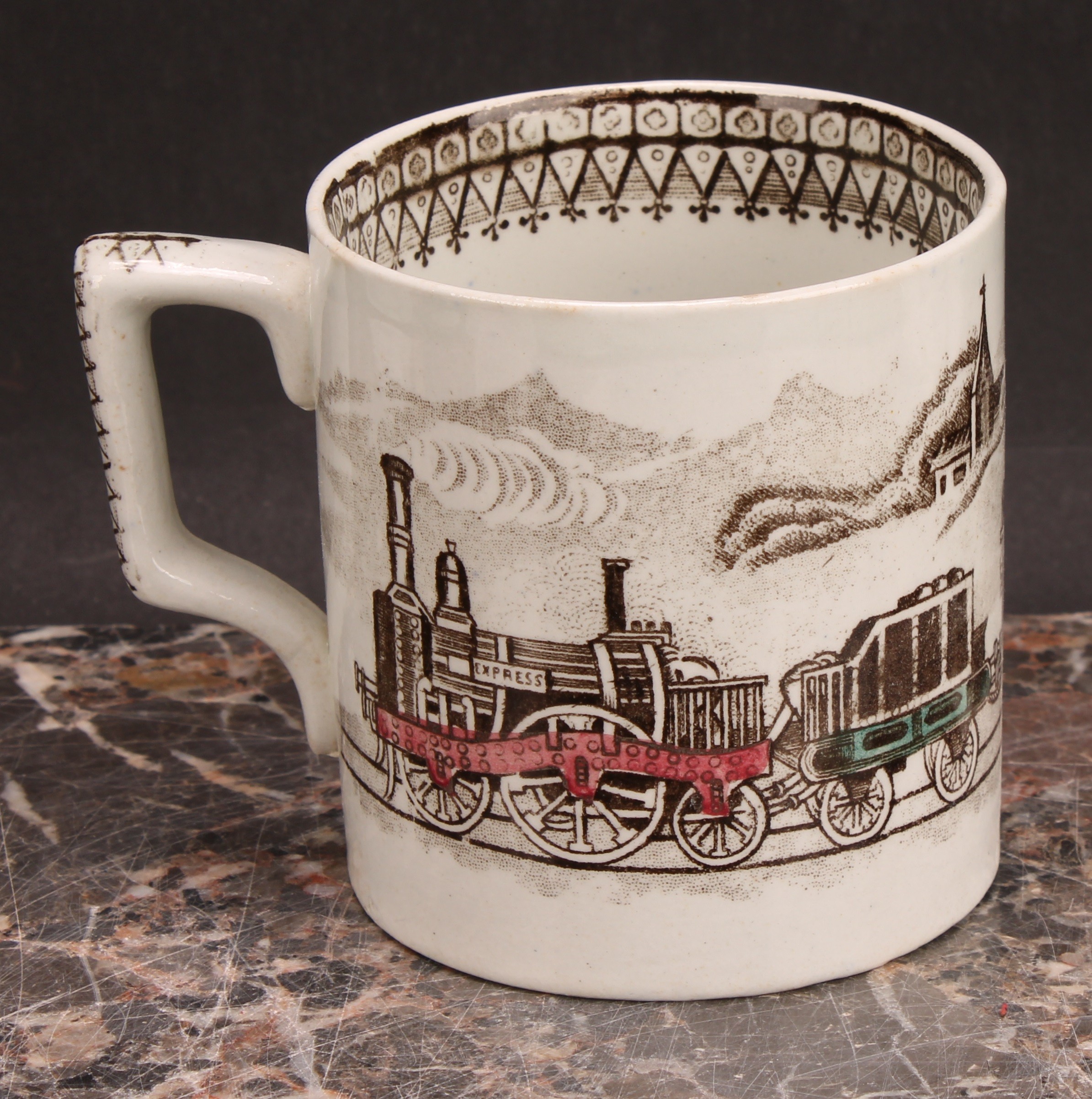 Railway Interest - a 19th century Staffordshire pearlware mug, printed in sepia tones, picked out in - Image 7 of 10