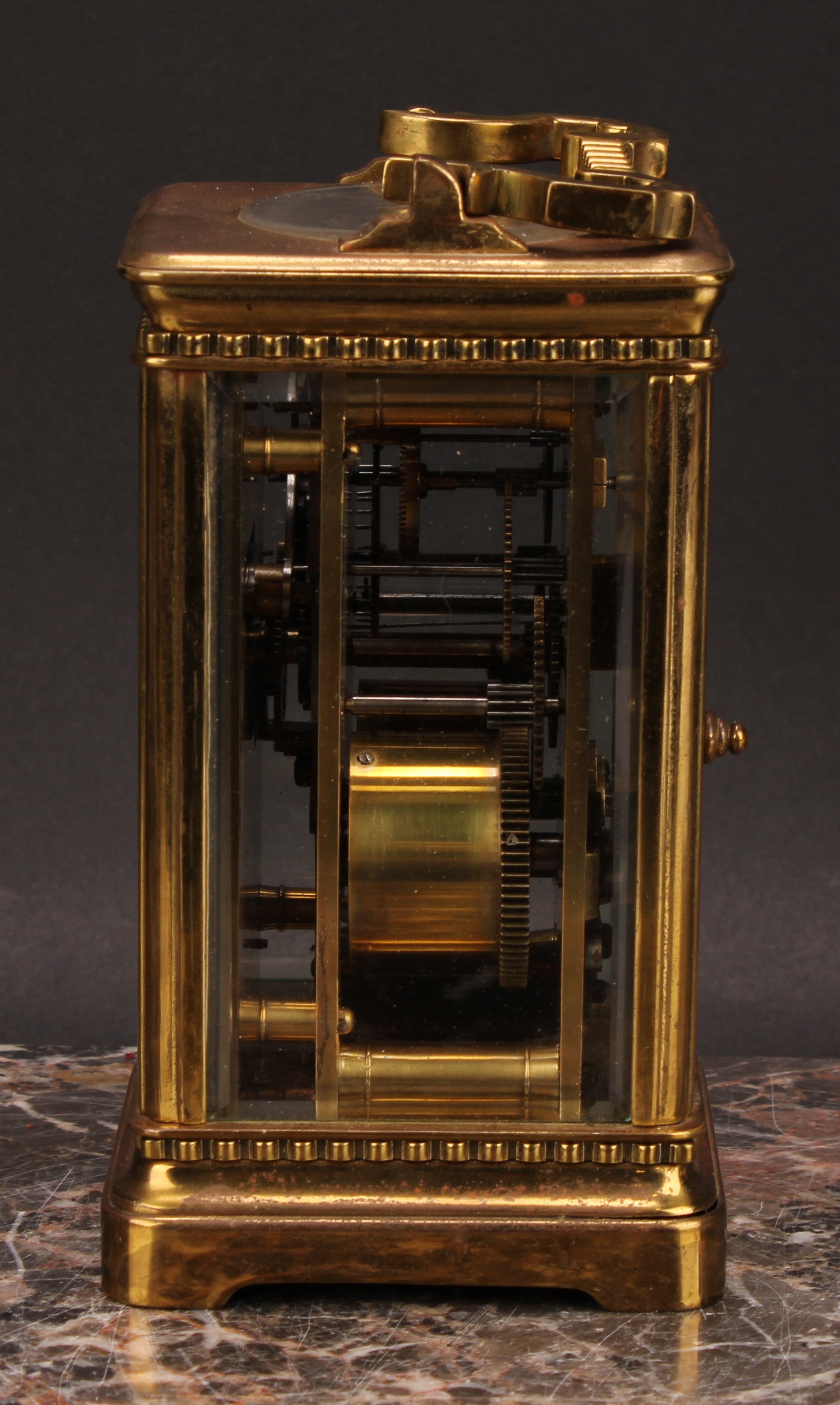 An early 20th century lacquered brass carriage clock, 6cm rectangular enamel dial inscribed with - Image 6 of 7