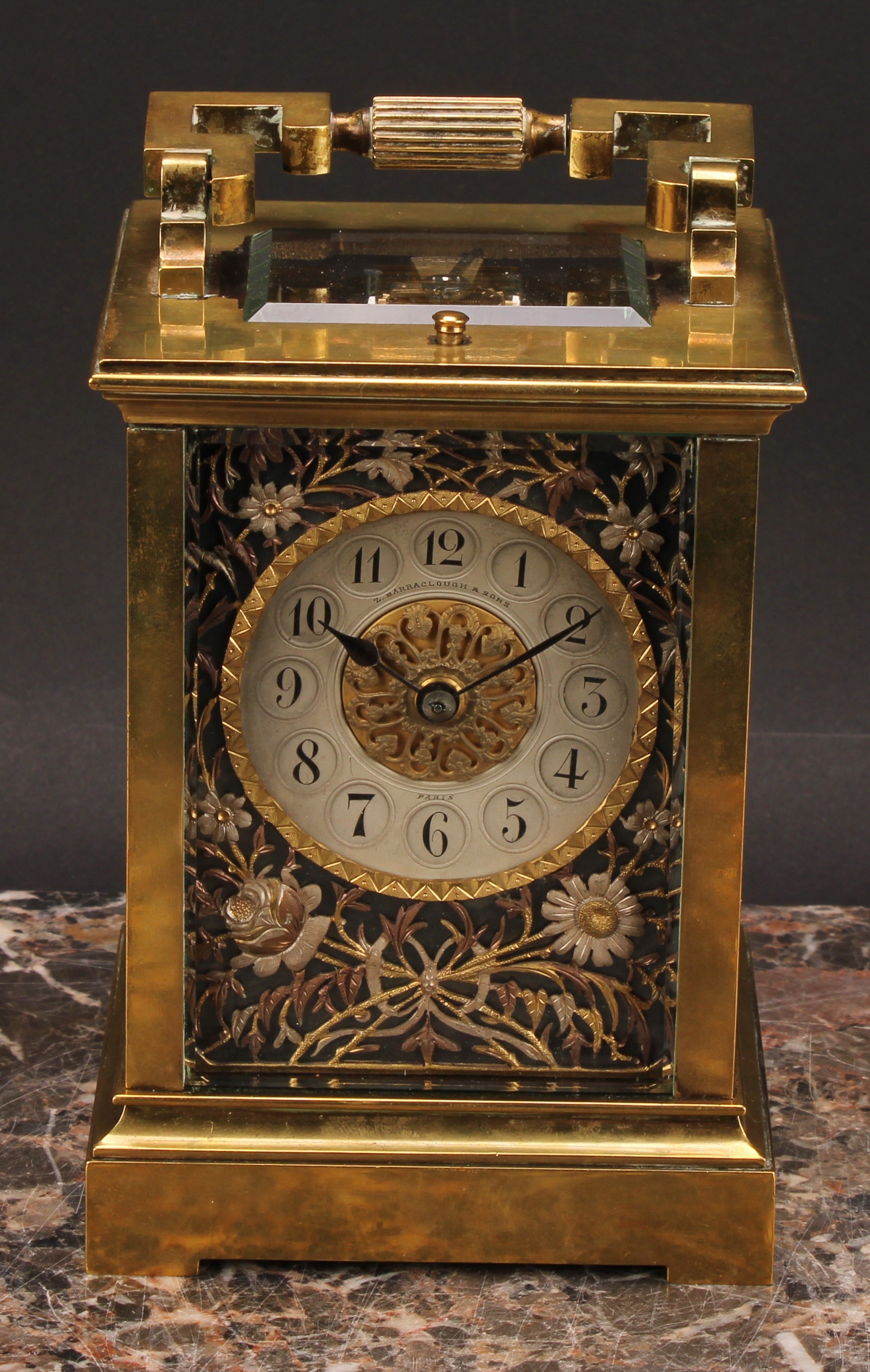 A large 19th century lacquered brass repeater carriage clock, 7cm silvered and bi-colour gilt dial - Image 2 of 6