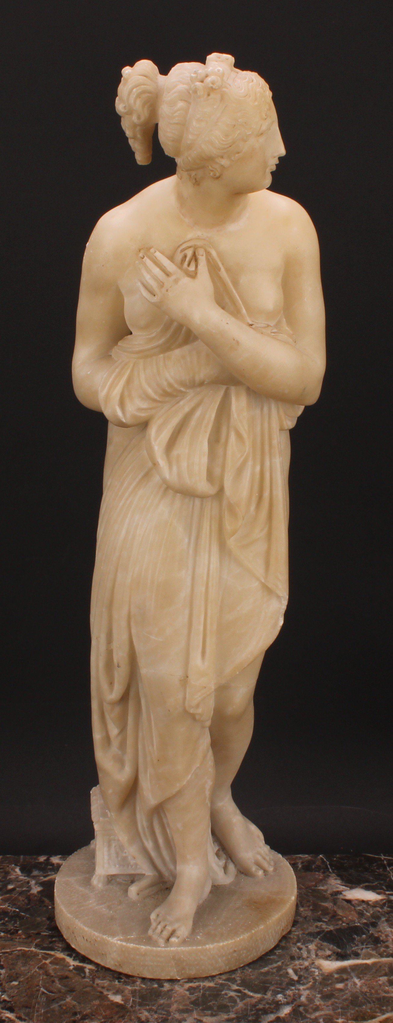 A 19th century alabaster figure, Venus Bathing, after the Antique, circular base, 53cm high - Image 2 of 4