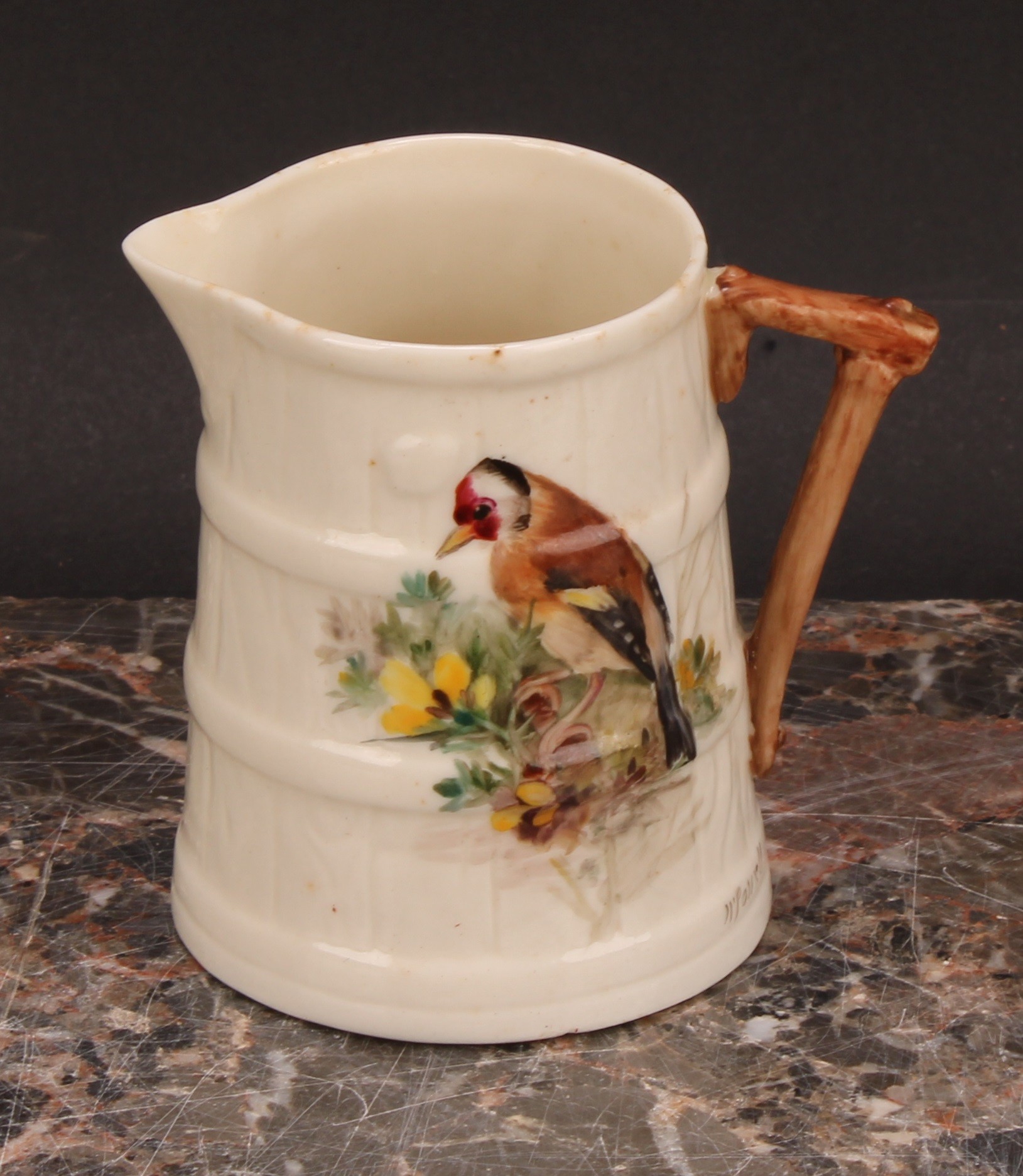 A Royal Worcester barrel shaped jug, painted by W. Powell, signed, with a Goldfinch, 7cm high, - Image 3 of 13
