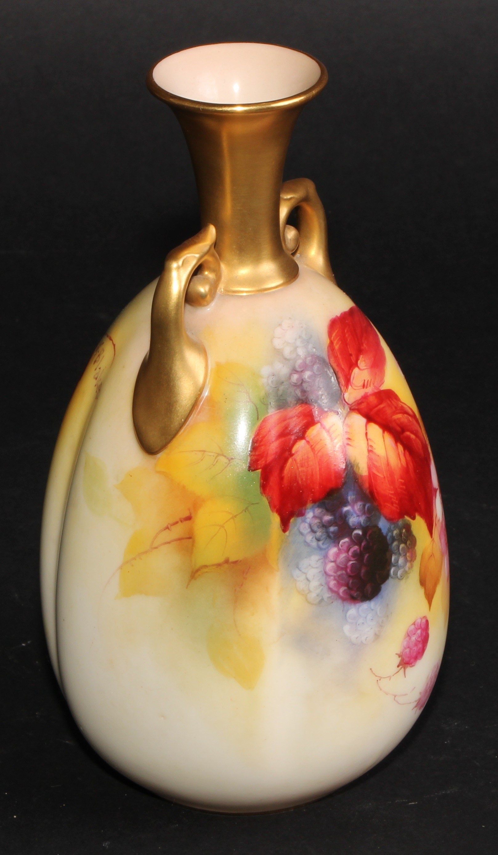 A Royal Worcester fluted ovoid vase, painted by Kitty Blake, signed, with blackberries and - Image 3 of 7
