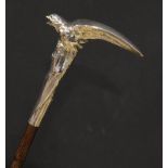 A French Art Nouveau silver novelty walking stick, the handle as an eagle perched on a rocky