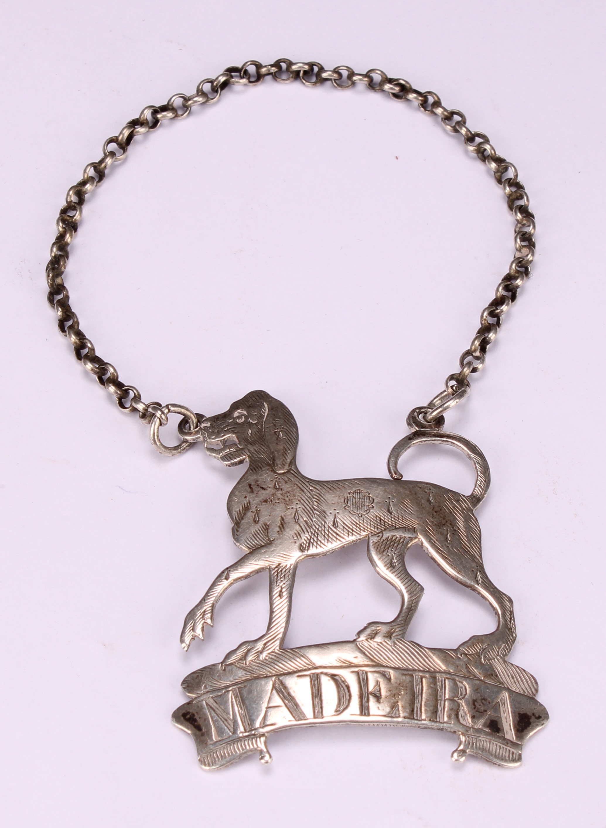 A George III silver wine label, Madeira, crested by a Talbot dog, 4.5cm wide, Richard Binley, - Image 2 of 3